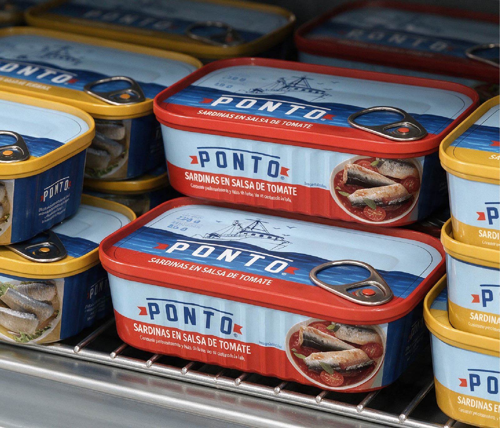 Presentaciones de sardinas PONTO exhibidas en una tienda